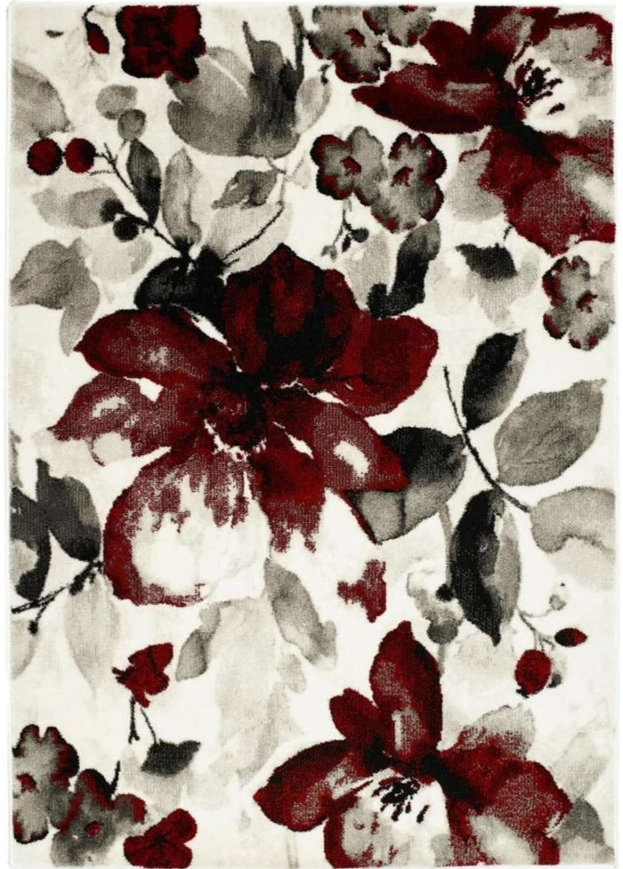 Watercolour Floral Design Rug - Red shown in an illustrative room