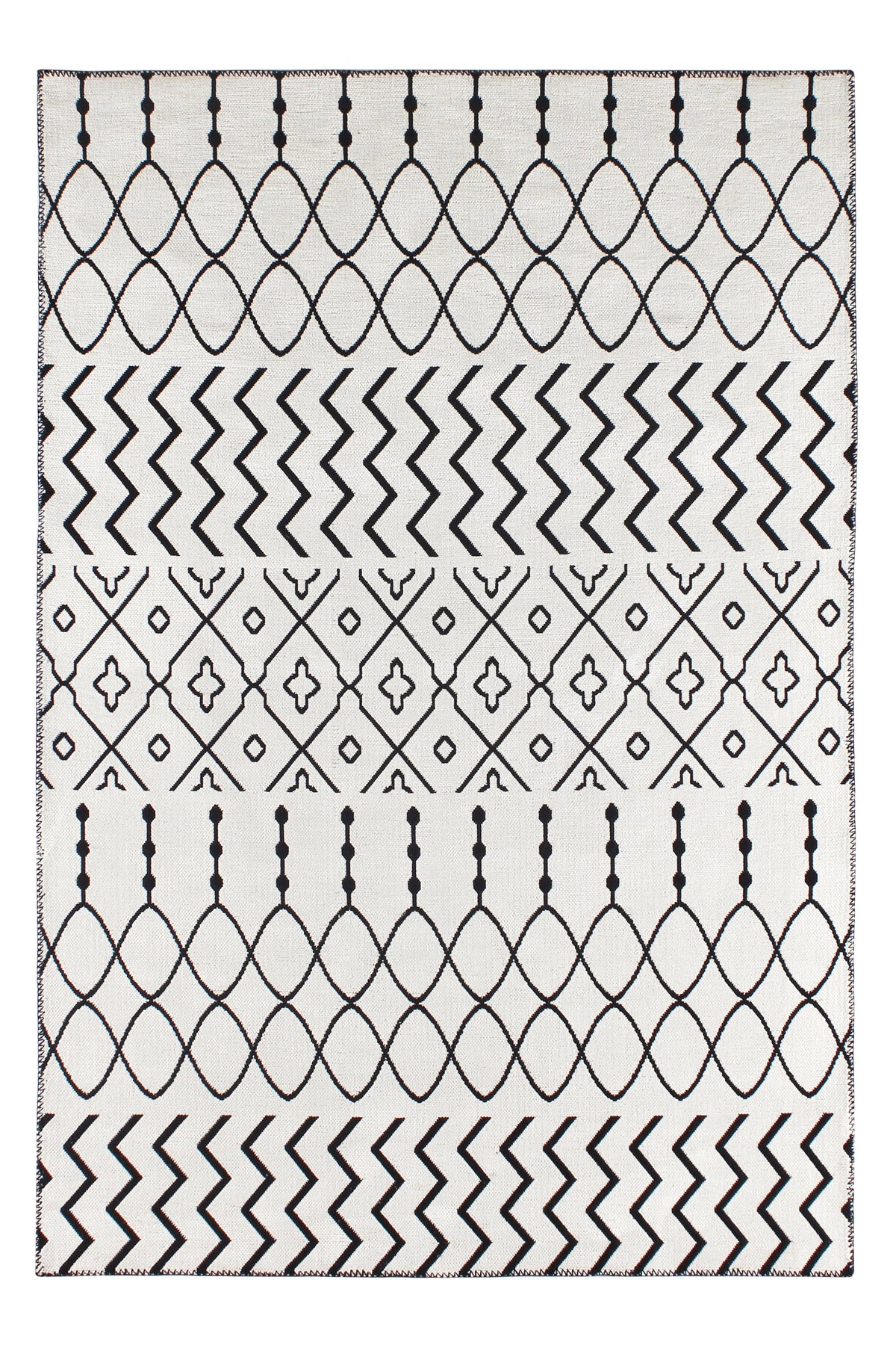 Black and cream washable tribal geometric rug by Netline Home, soft chenille carpet with cotton backing for cozy decor.