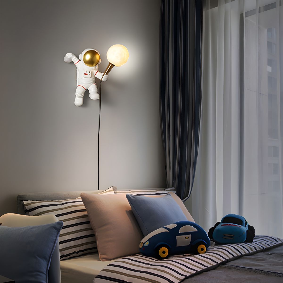 Light My House astronaut LED wall light featuring a moon globe design, ideal for kids' bedrooms in UK.
