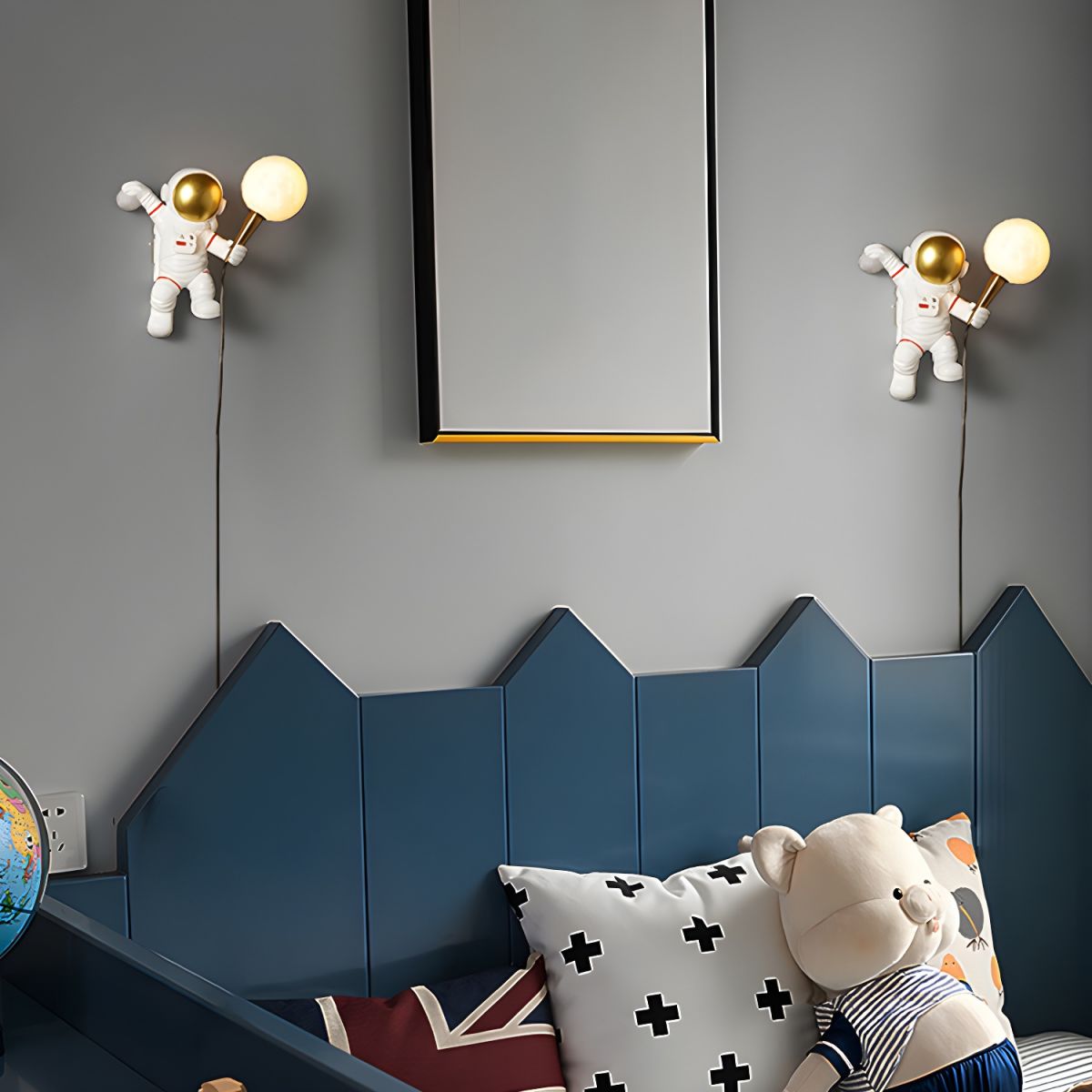Light My House astronaut LED wall light with moon globe design, perfect for kids' bedrooms, plug-in wall decor in UK style.