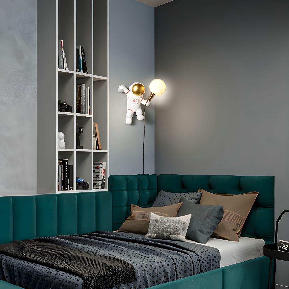 Astronaut LED wall light by Light My House featuring a moon globe design, ideal for kids' bedrooms in the UK.