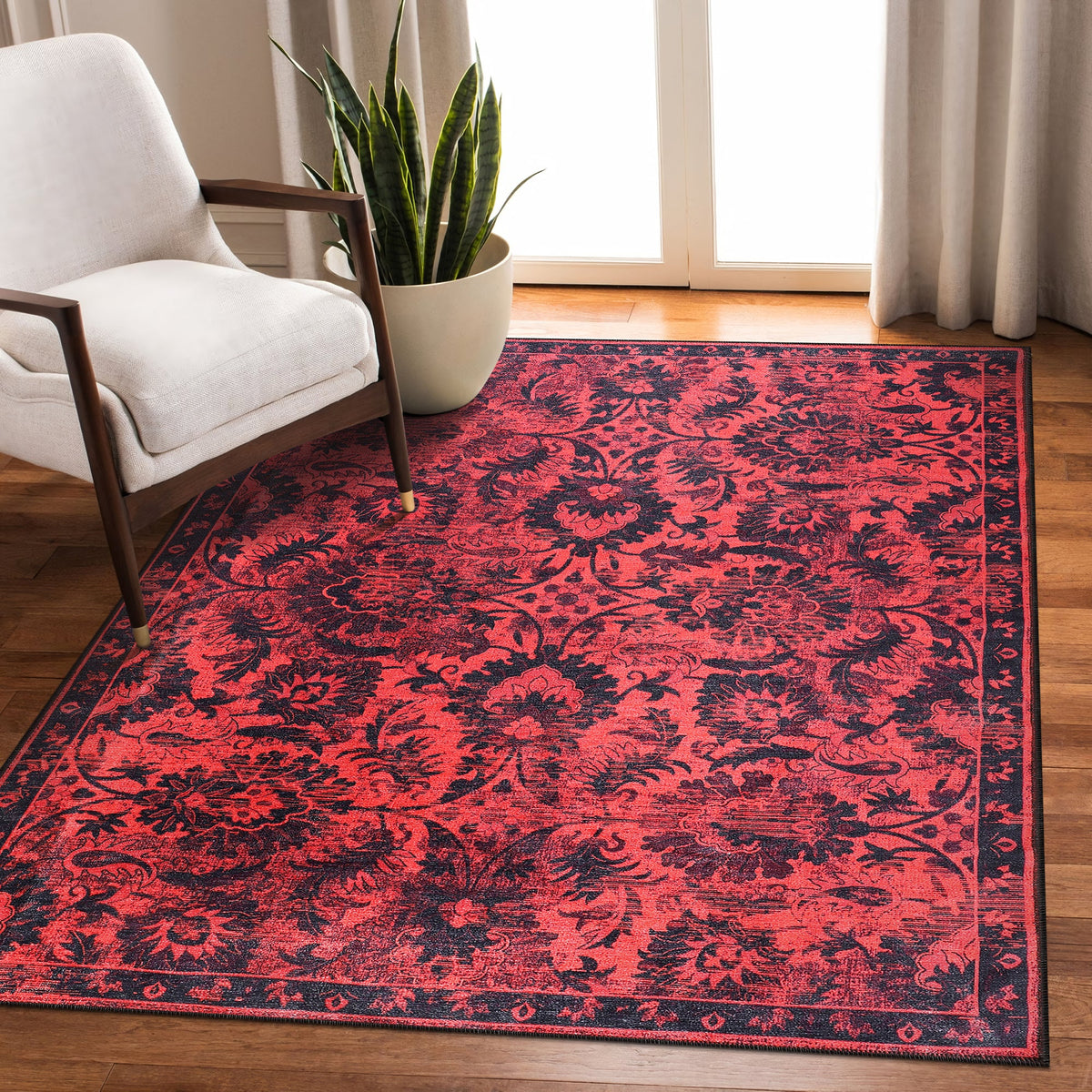 Red vintage floral washable rug by Netline Home featuring damask-inspired oriental design, ideal for living room, bedroom, or dining area.