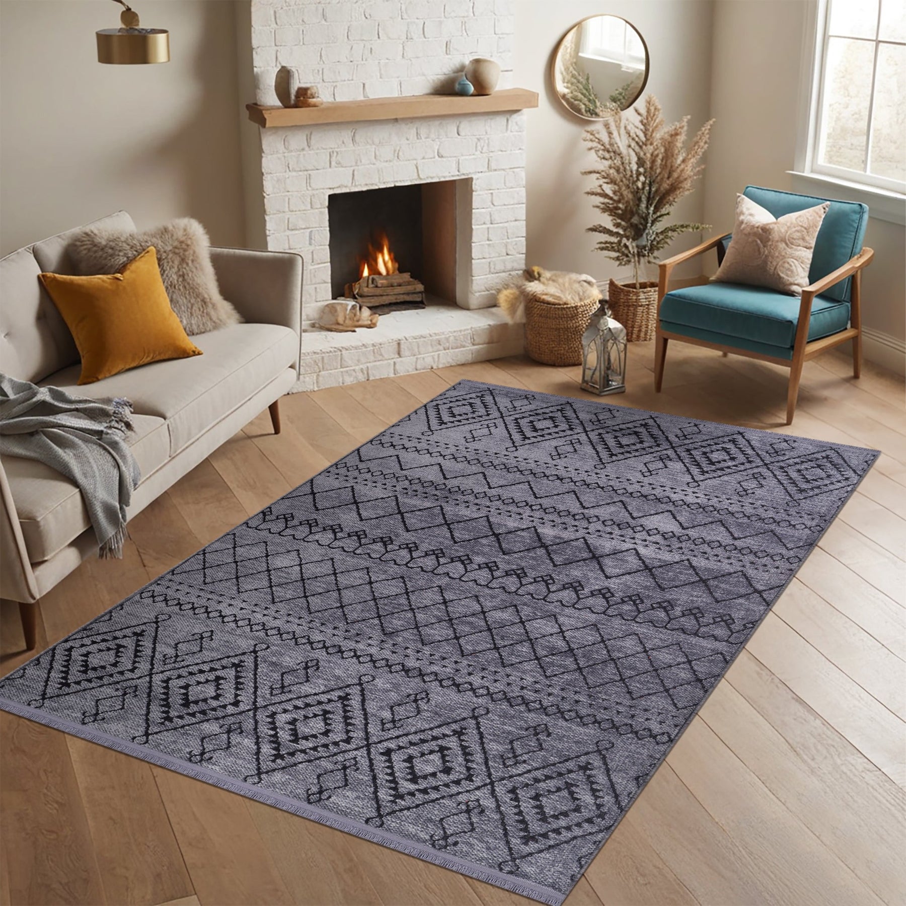 Dark gray washable rug from Netline Home, made of soft chenille, shown in a cozy living room setting.