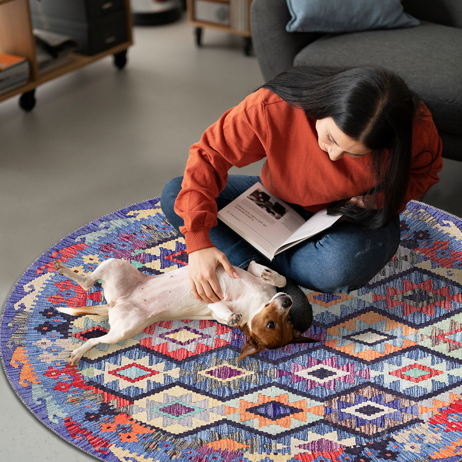 Machine washable multicolor kilim rug with tribal diamond geometric pattern from Netline Home, ideal for living room, bedroom, or dining area.