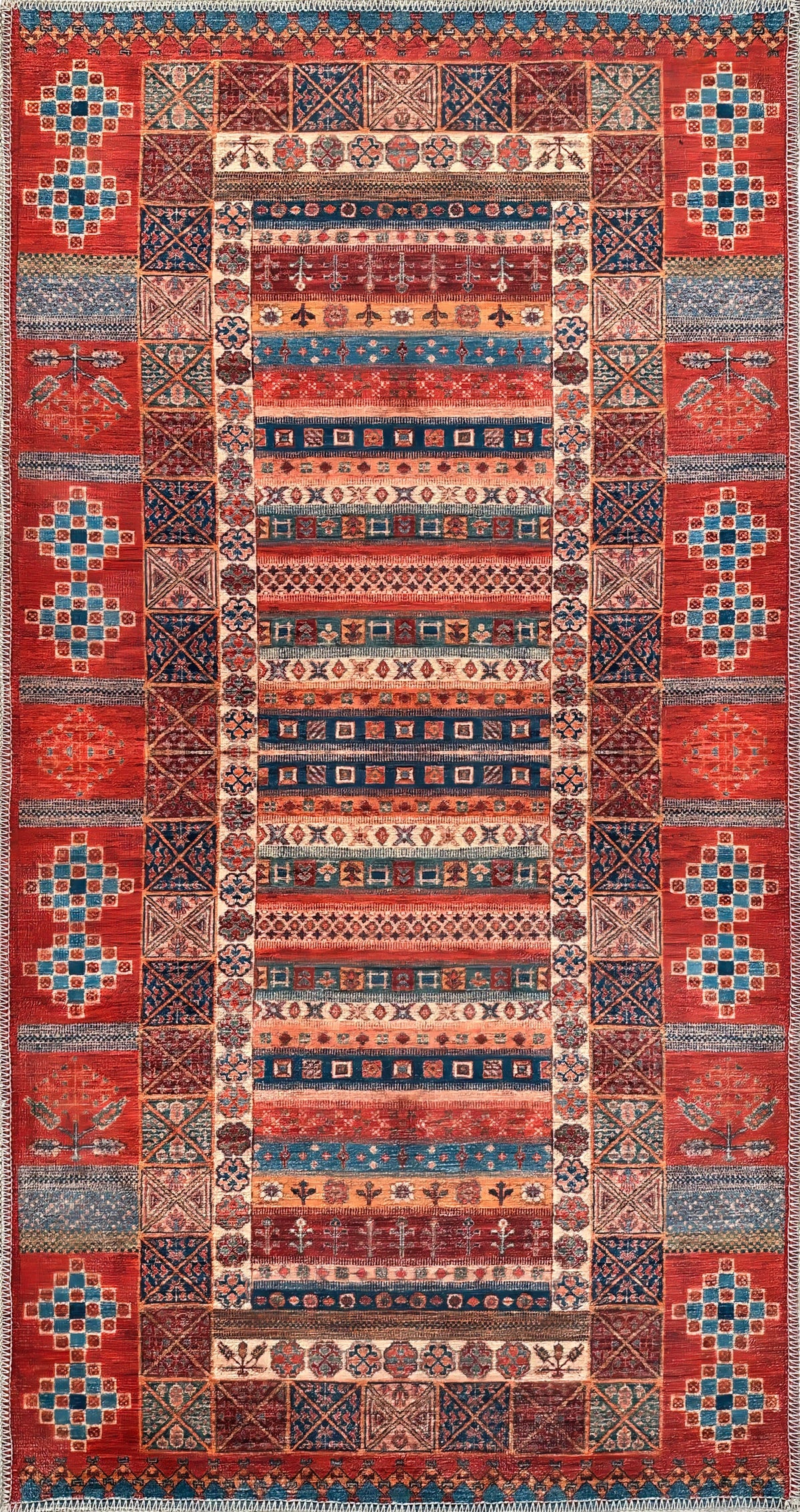 Multicolor striped washable Caucasian tribal rug by Netline Home, suitable for living room and bedroom decor.