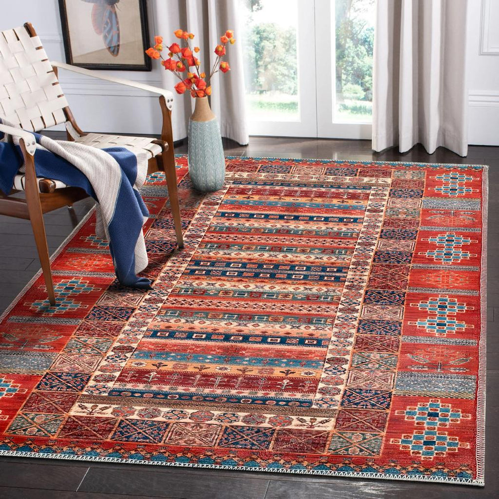 Machine washable Caucasian tribal rug by Netline Home featuring multicolor striped oriental design for living room or bedroom decor.