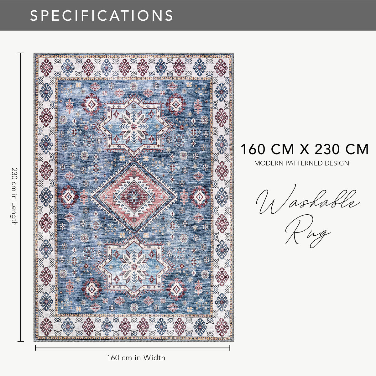Multicolor geometric washable rug by Netline Home with tribal design, featuring vibrant patterns and durable fabric.