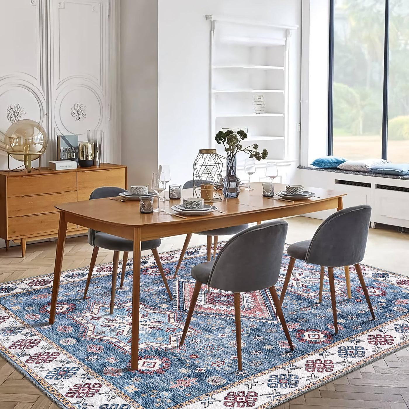 Multicolor geometric washable rug by Netline Home featuring tribal patterns and vibrant design NL1016.