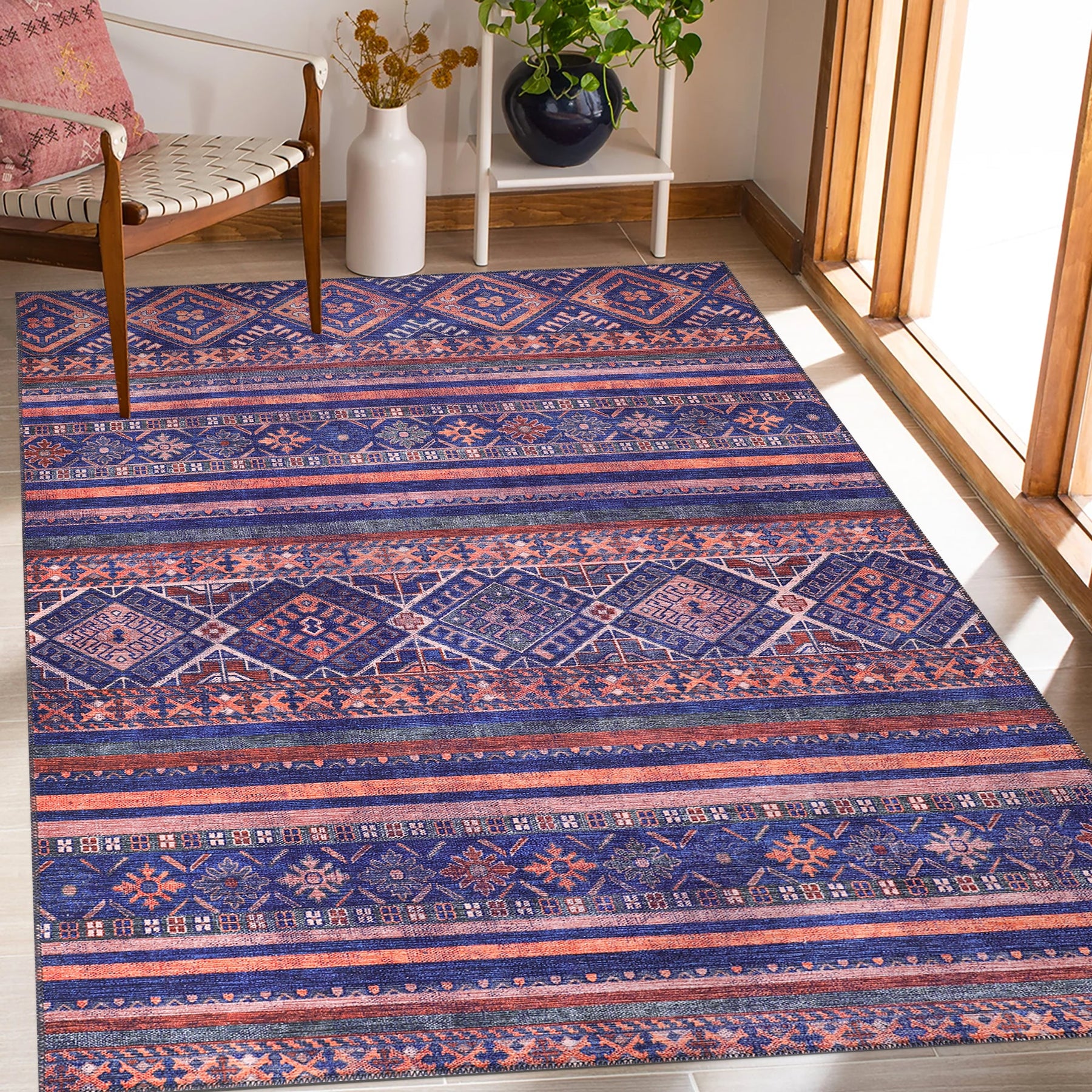 Modern purple floral washable rug by Netline Home featuring vibrant floral patterns on a soft, durable fabric background.