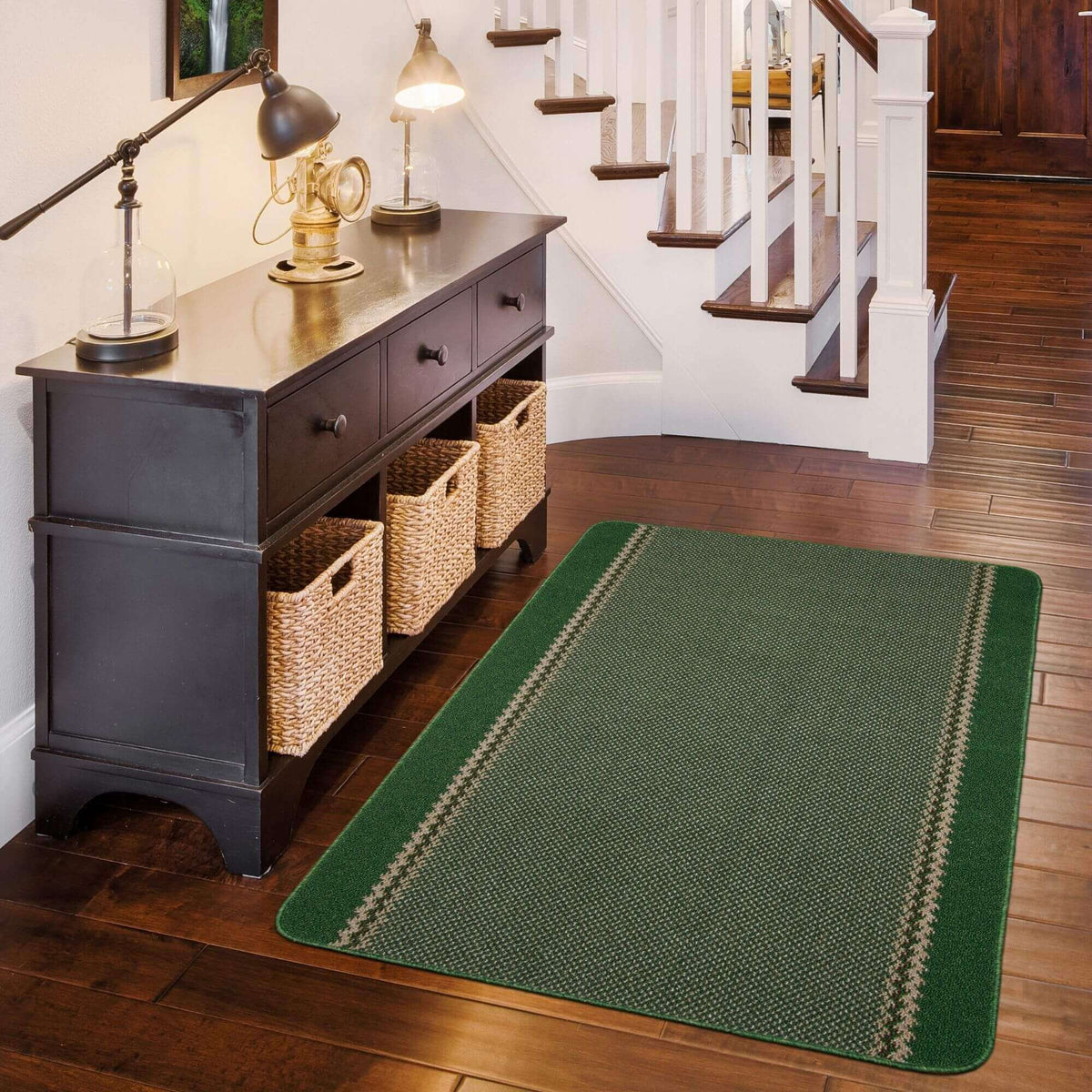 Washable Designer Bordered Green Rug – 116Gr