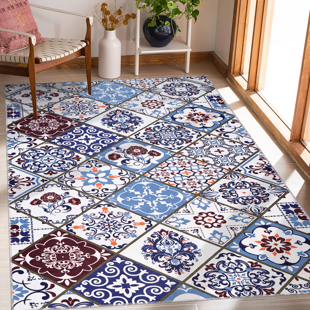 Modern beige floral washable rug by Netline Home with intricate floral pattern, ideal for living room or bedroom decor.