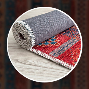 Machine washable Caucasian tribal rug by Netline Home featuring multicolor striped oriental design for living room or bedroom.
