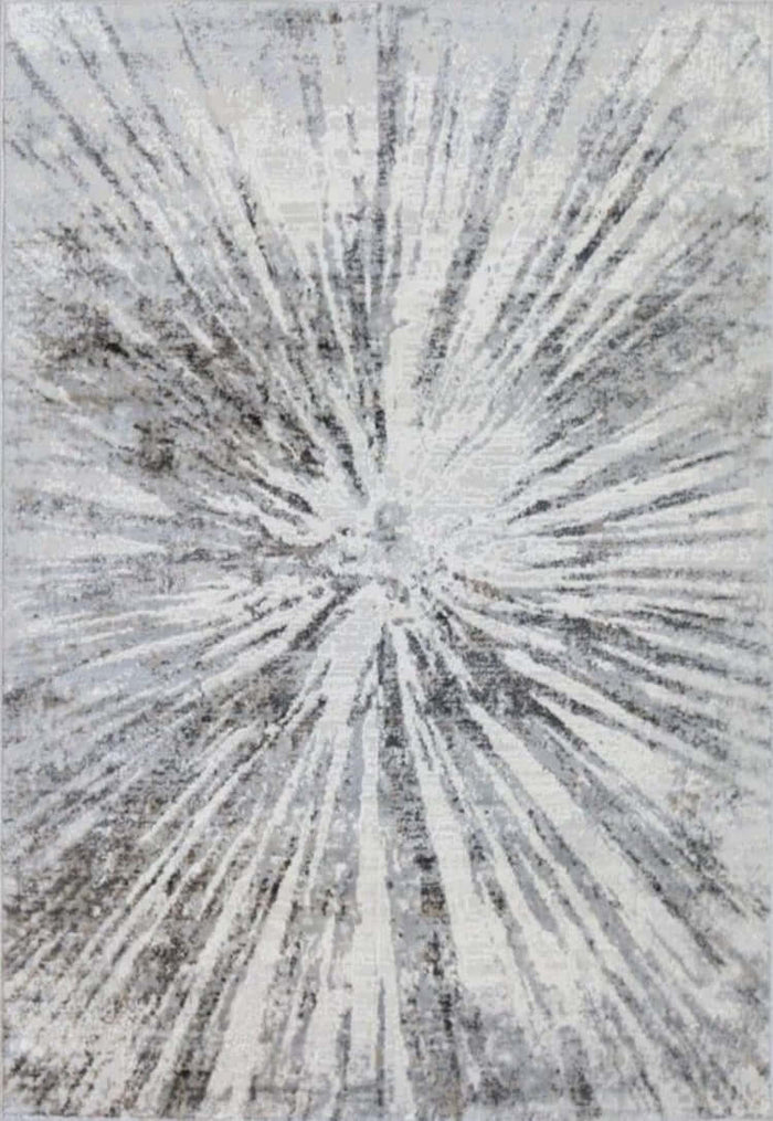 Abstract Burst Grey Rug shown in an illustrative room