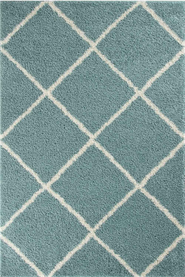 Moroccan Duck Egg Blue Shaggy Rug – 550 shown in an illustrative room