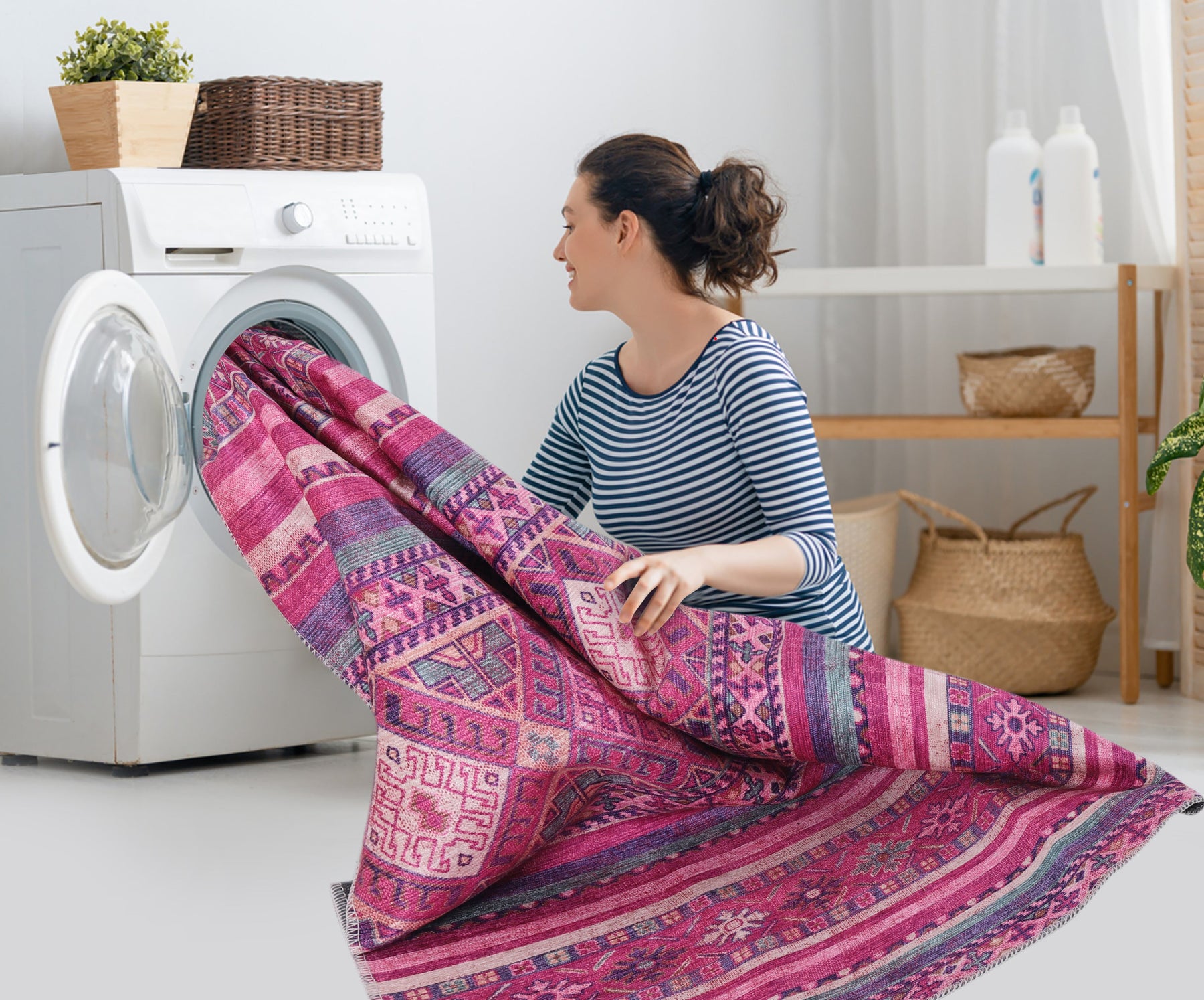 Bohemian pink striped washable rug by Netline Home with vibrant pink and white stripes, soft texture, perfect for modern interiors.