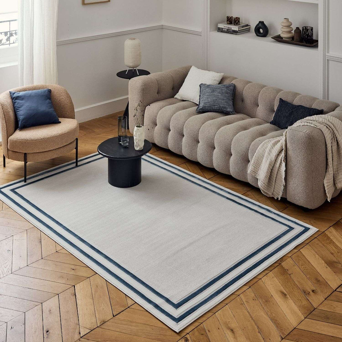 Carmel Cream-Blue Bordered Rug – 6060
