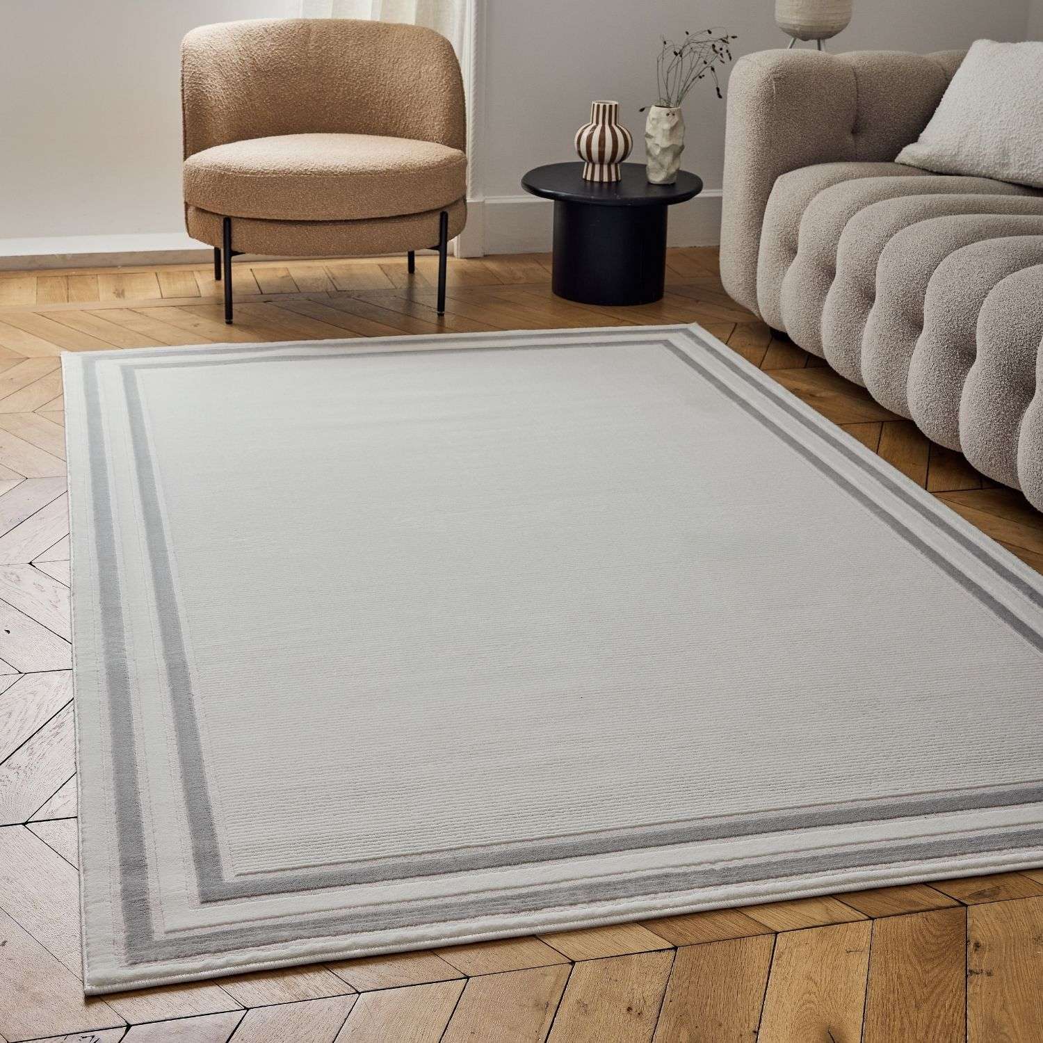 Carmel Cream-Grey Bordered Rug – 6060