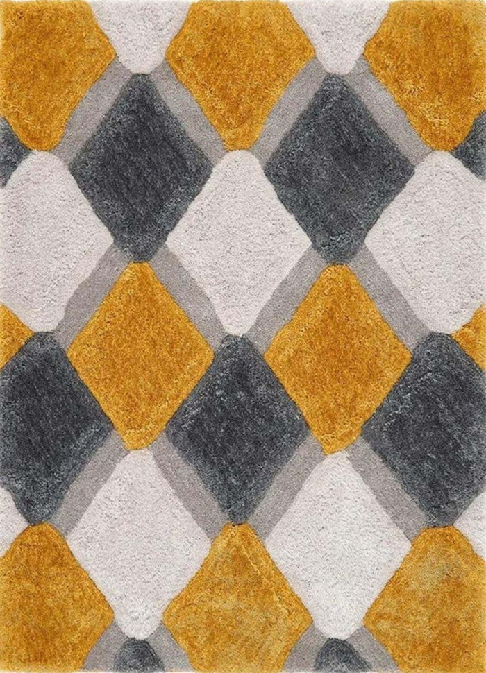 3D Ochre Geometric Shaggy Rug shown in an illustrative room