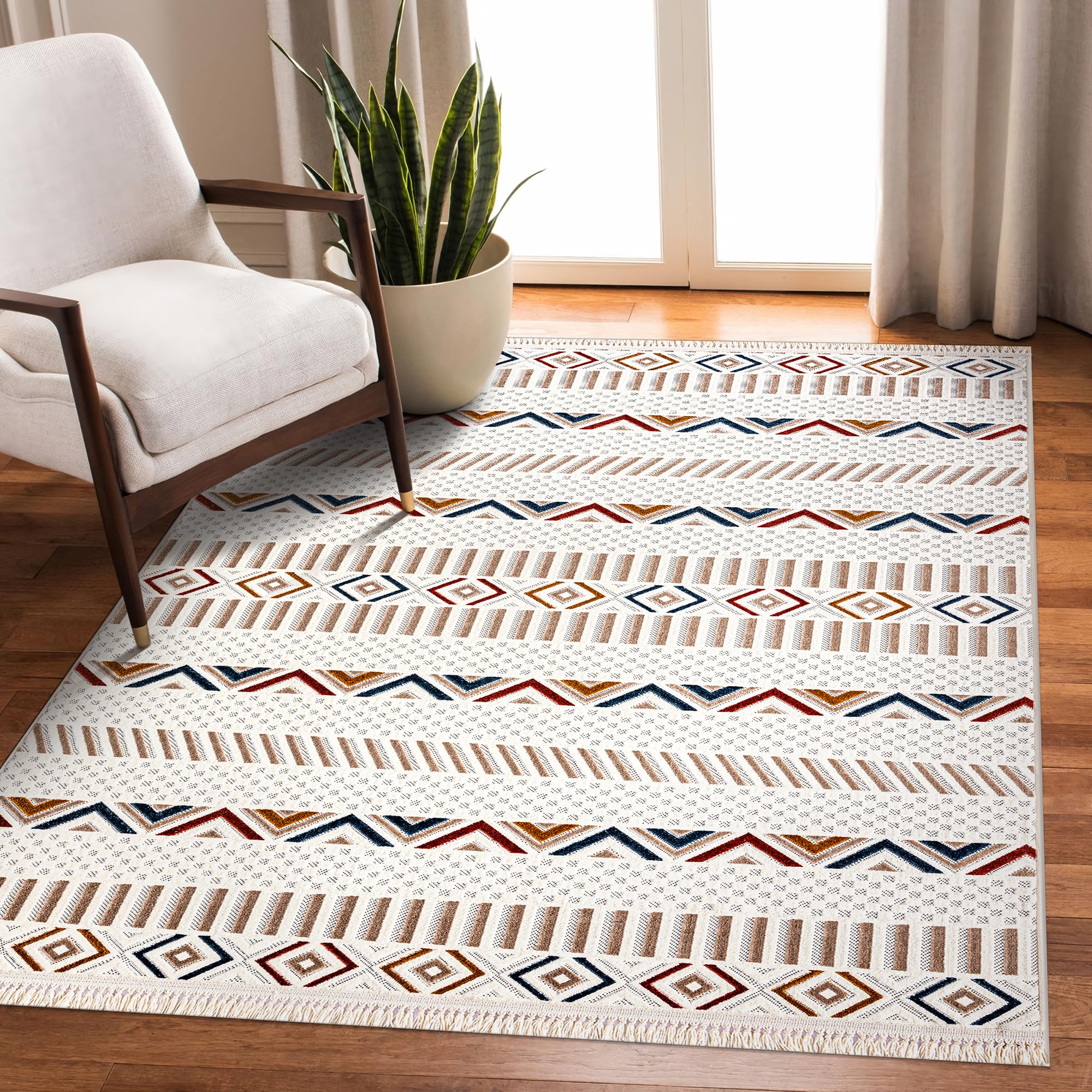 Soft, durable low pile Netline Home rug in bohemian and Aztec style, ideal for living rooms, bedrooms, and hallways.
