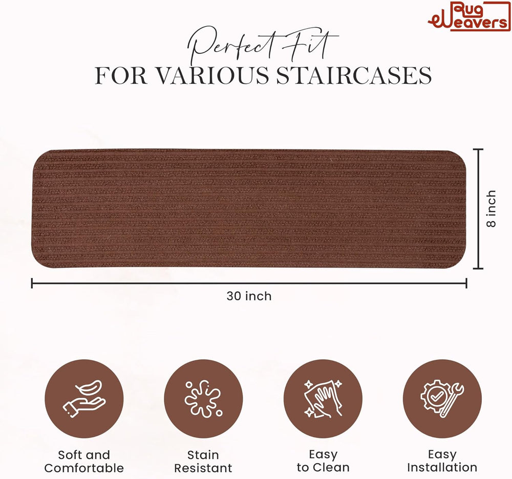 Brown non-slip carpet stair treads by Netline Home, self-adhesive runner rug pads for safety on stairs for kids and pets.