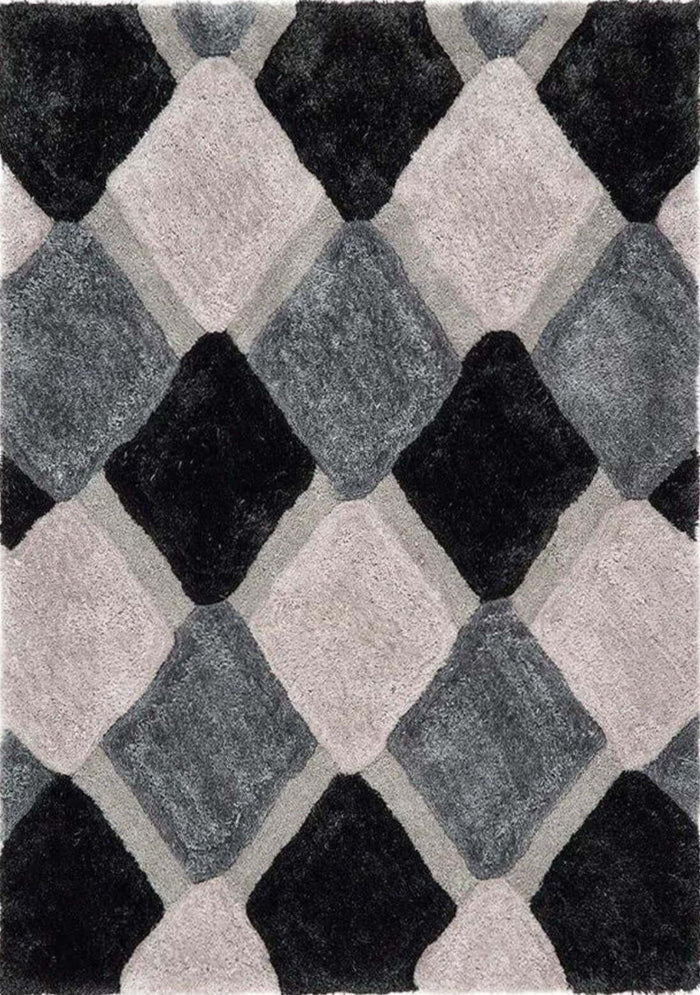 3D Grey Geometric Shaggy Rug shown in an illustrative room