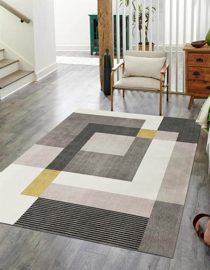 Tokyo Geo Blocks Ochre/Grey Rug shown in an illustrative room