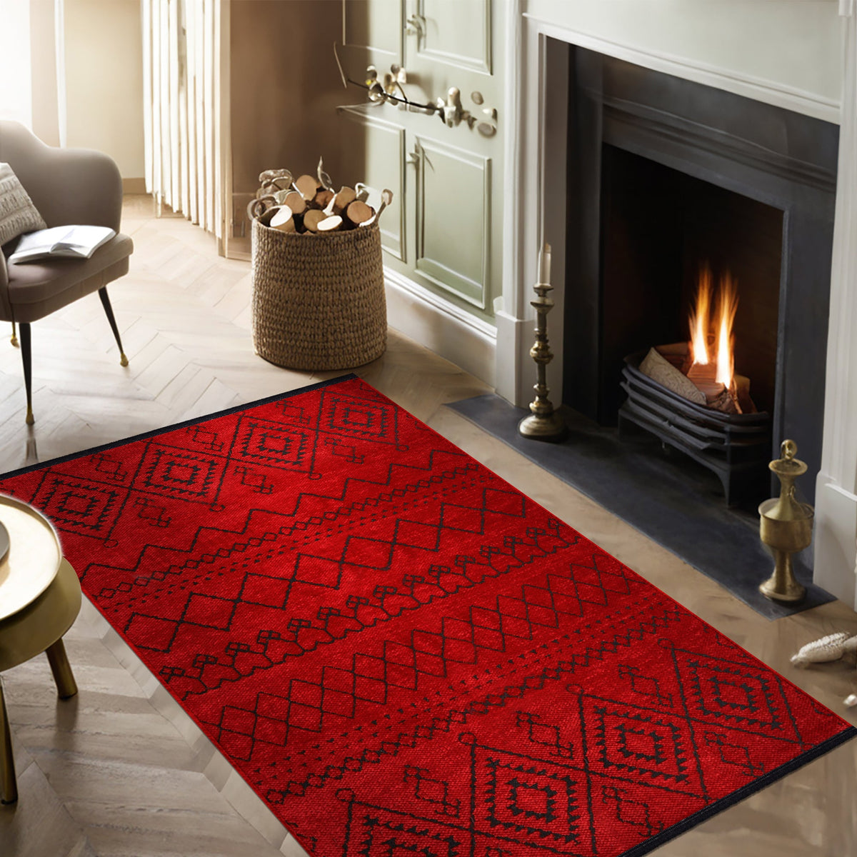 Red washable Chenille rug from Netline Home, machine washable and soft, featuring a cozy, plush texture perfect for living spaces.