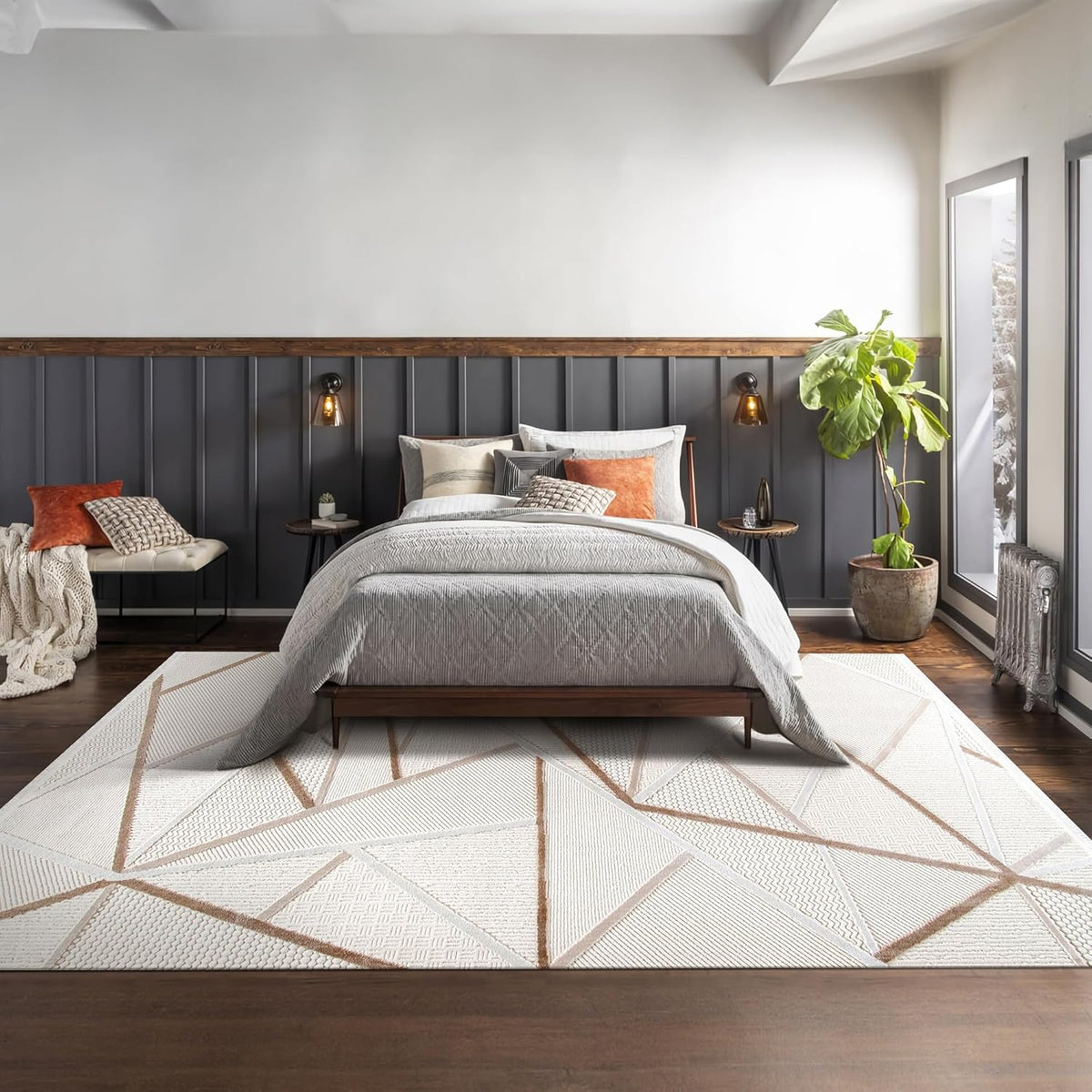 Beige and cream geometric area rug by Netline Home, soft, durable, easy-to-clean rug suitable for living room, bedroom, or hallway.