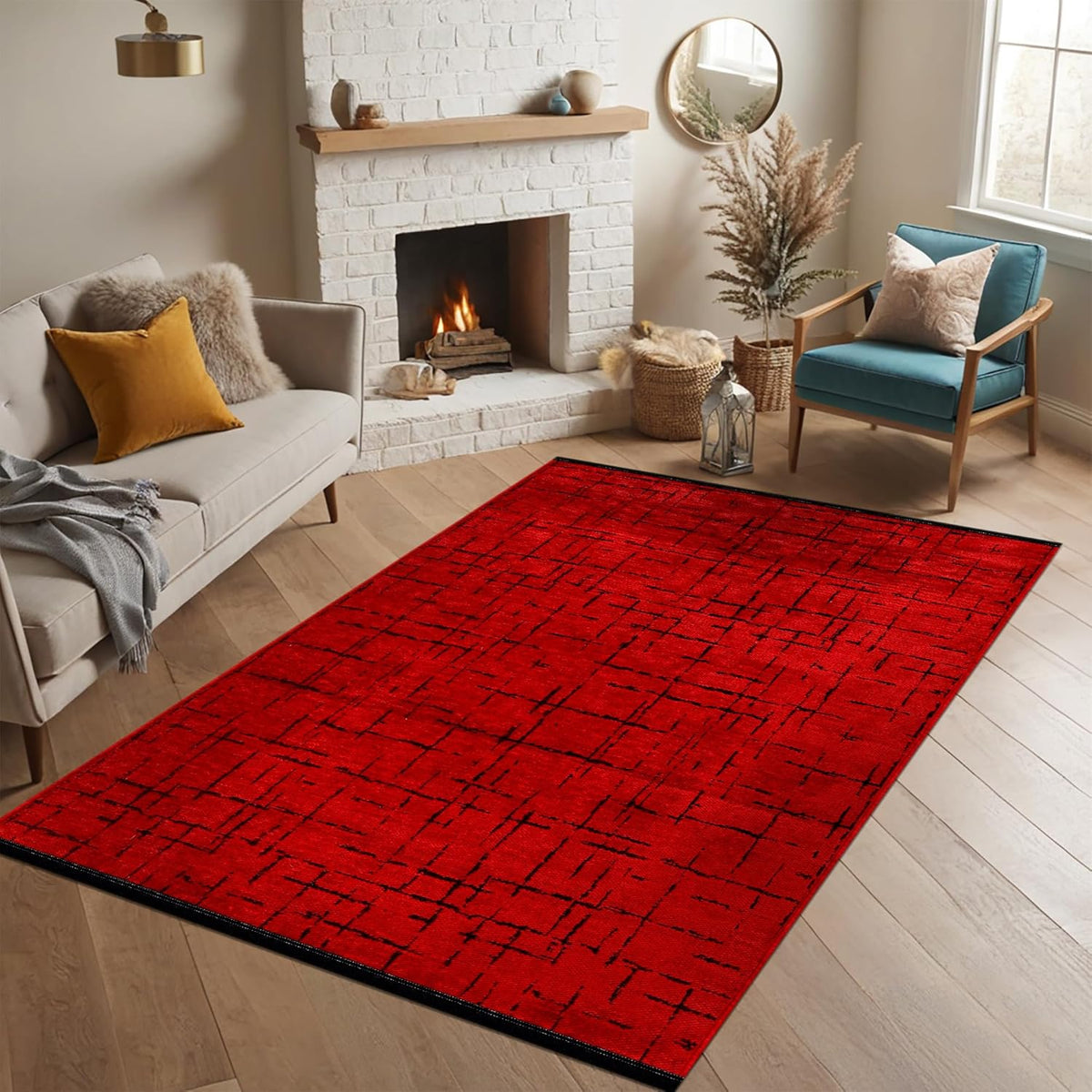Red machine washable chenille runner rug with low pile, non-slip backing, ideal for living rooms, bedrooms, kitchens, and hallways.