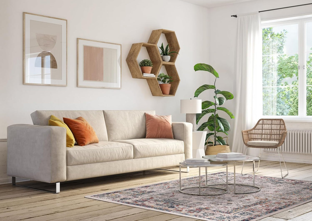 Vintage beige runner rug by Netline Home featuring a classic distressed medallion design, soft and durable for living rooms and hallways.