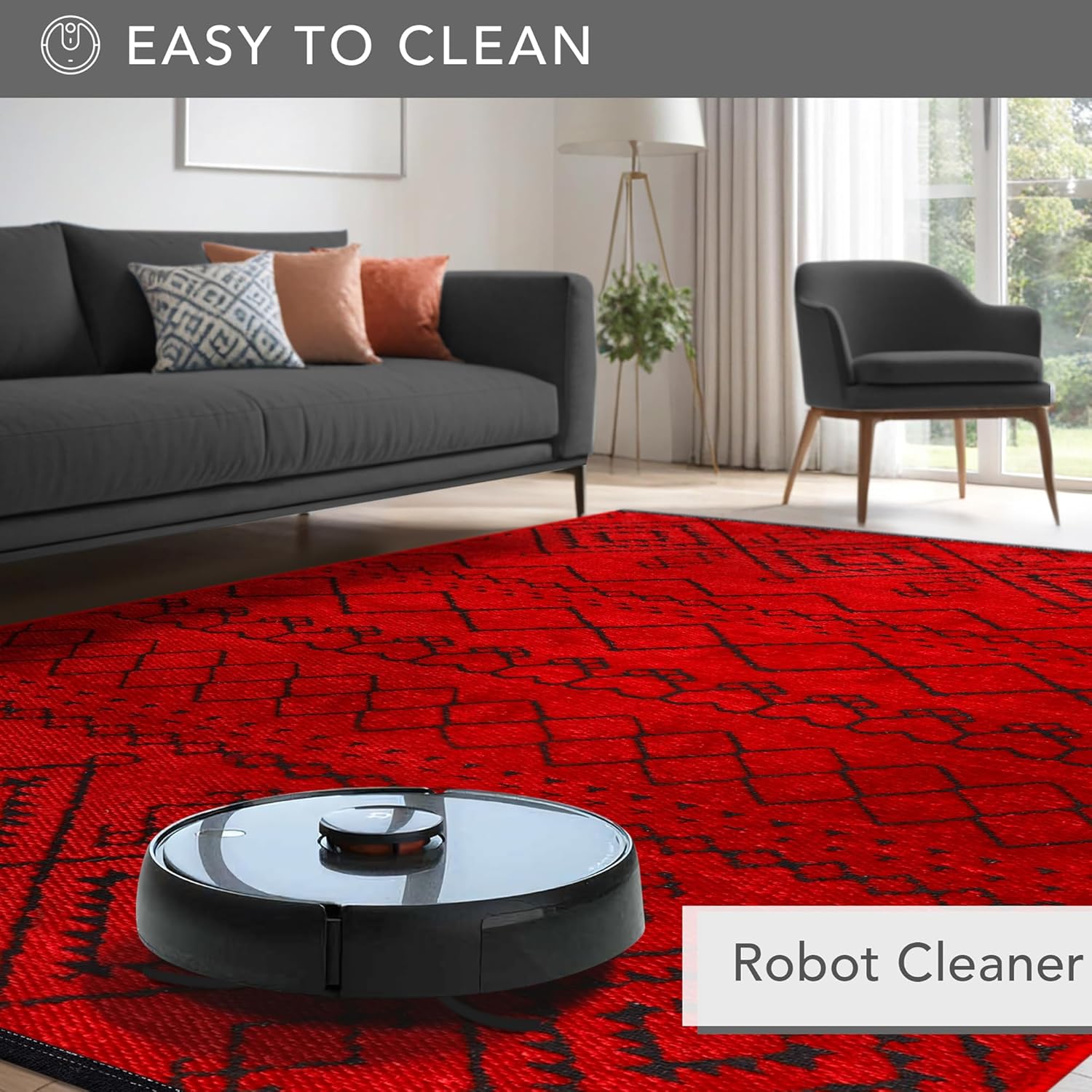 Red machine washable runner rug from Netline Home with low pile, non-slip backing, ideal for living rooms, bedrooms, and kitchens.