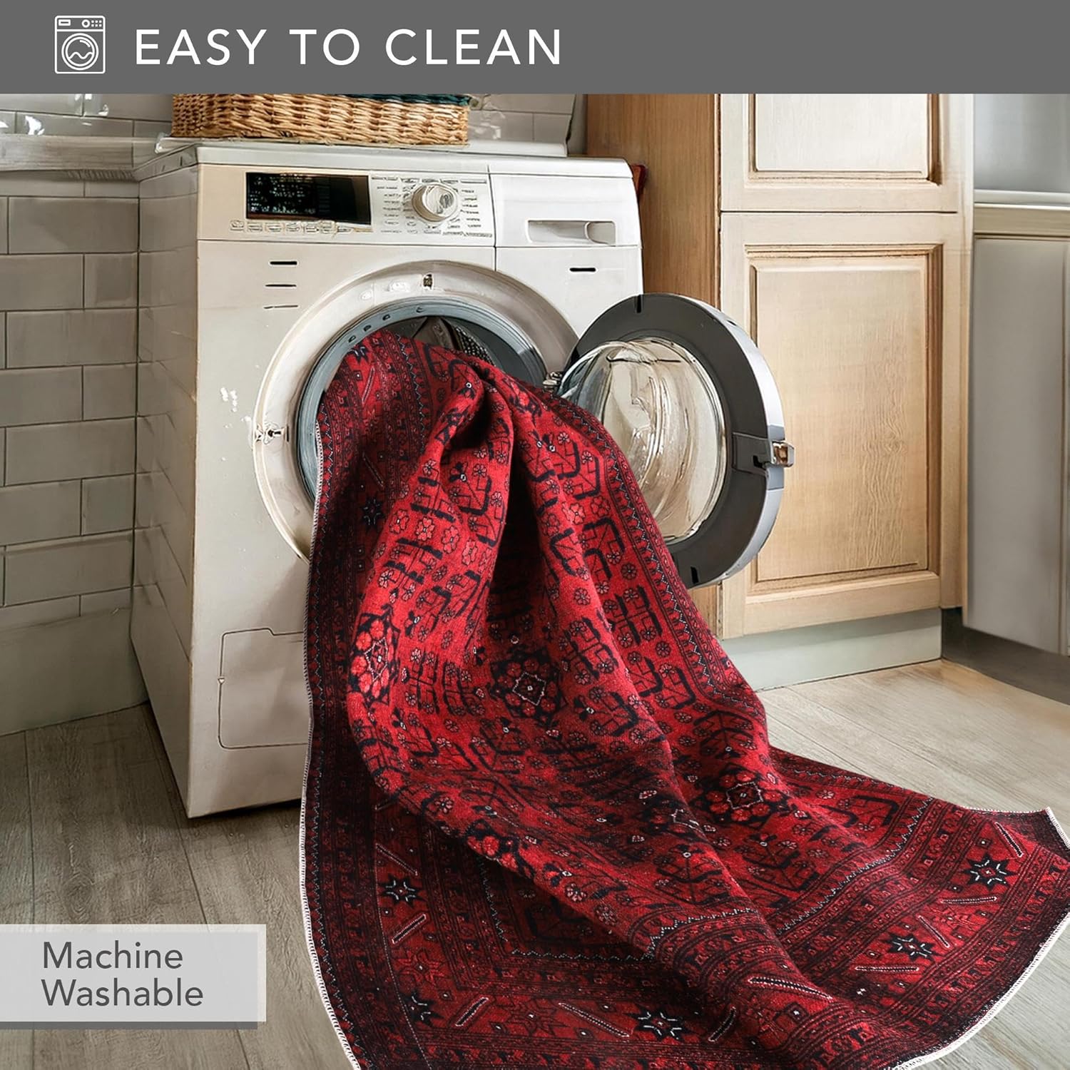 Red washable cotton area rug from Netline Home, non-slip vintage woven rug for living room, bedroom, or kitchen, 80x150 cm