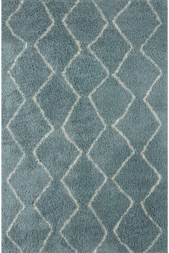 Moroccan Duck Egg Blue Shaggy Rug – 850 shown in an illustrative room