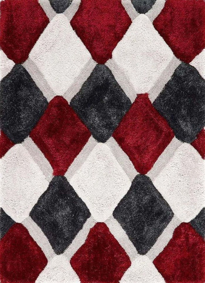 3D Red Geometric Shaggy Rug shown in an illustrative room