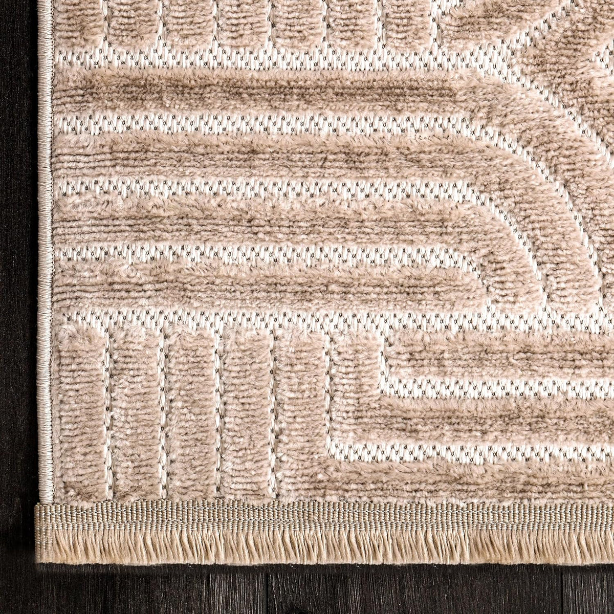 Modern textured polypropylene area rug by Netline Home, taupe geometric design, medium pile, ideal for living room, bedroom, or dining room.