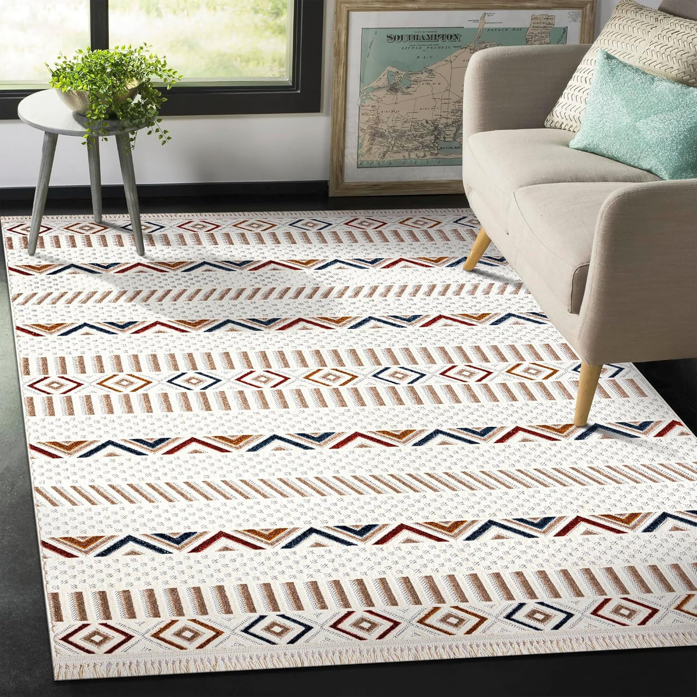 Soft beige Netline Home boho style rug with low pile, ideal for living rooms, bedrooms, and hallways, pet and kid-friendly.