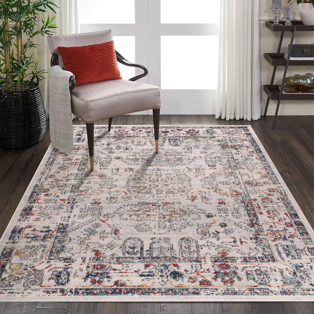Vintage beige runner rug by Netline Home, woven with classic distressed medallion design, soft and durable for living room or hallway.