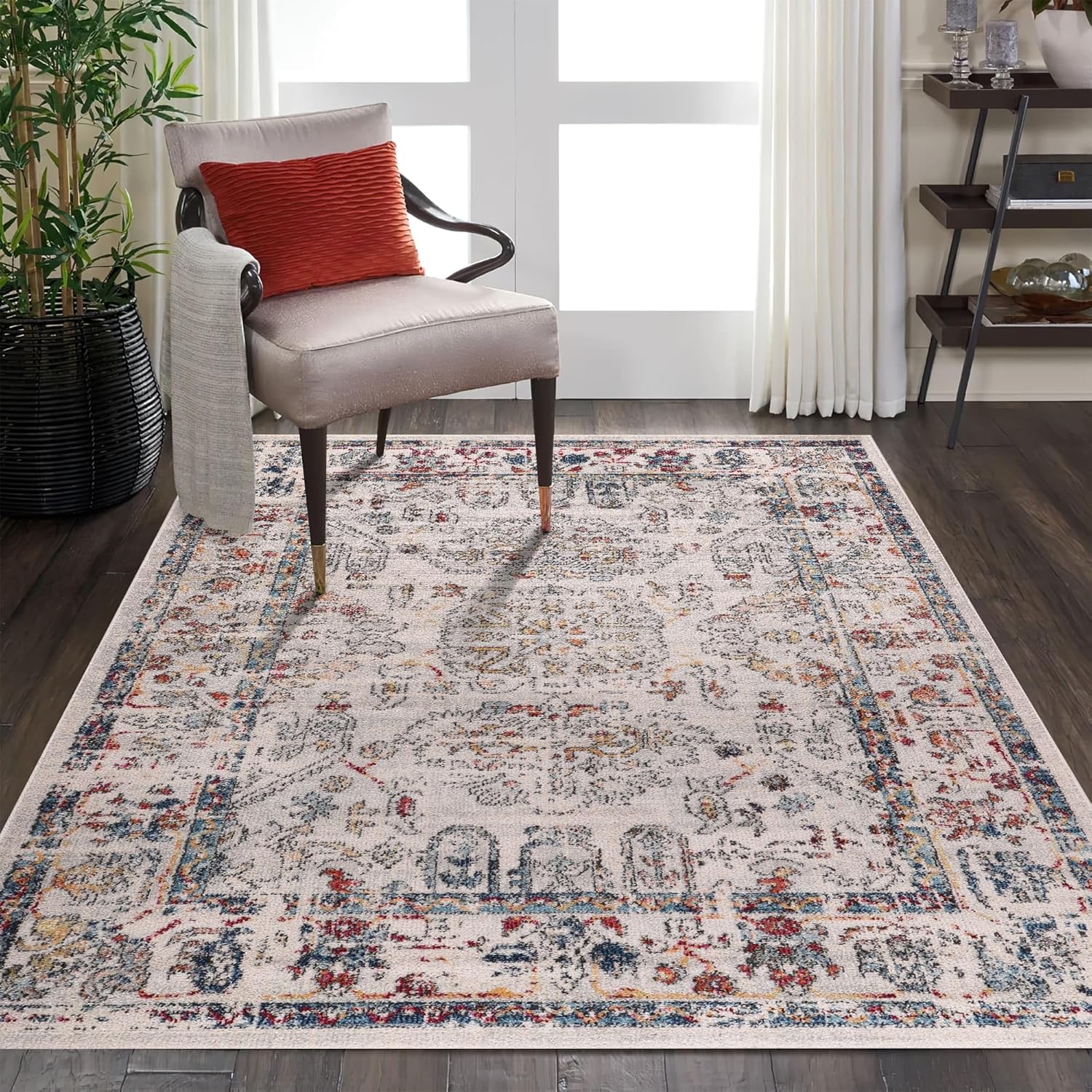 Vintage beige runner rug by Netline Home, woven with classic distressed medallion design, soft and durable for living room or hallway.