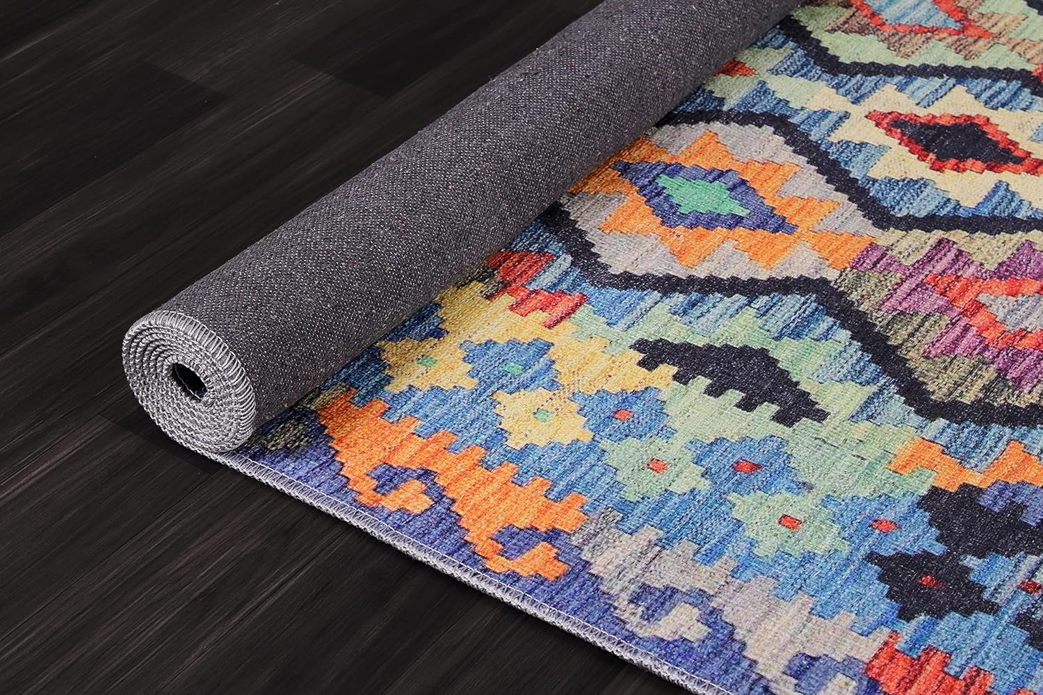 Colorful washable runner rug by Netline Home featuring traditional flatweave design, non-slip backing, and vintage boho style for living room.
