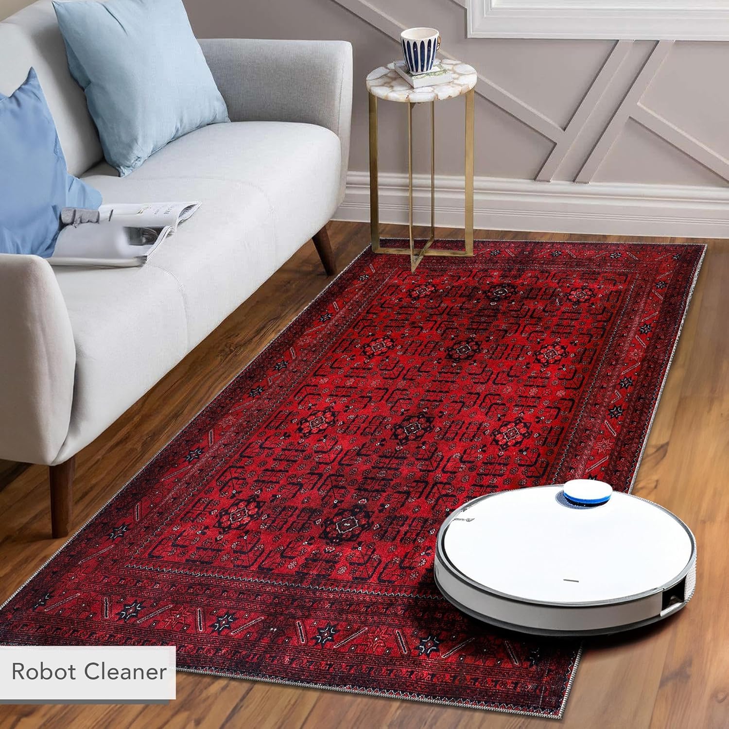 Red washable cotton area rug from Netline Home, non-slip vintage woven rug for living room, bedroom, or kitchen, 80x150 cm.