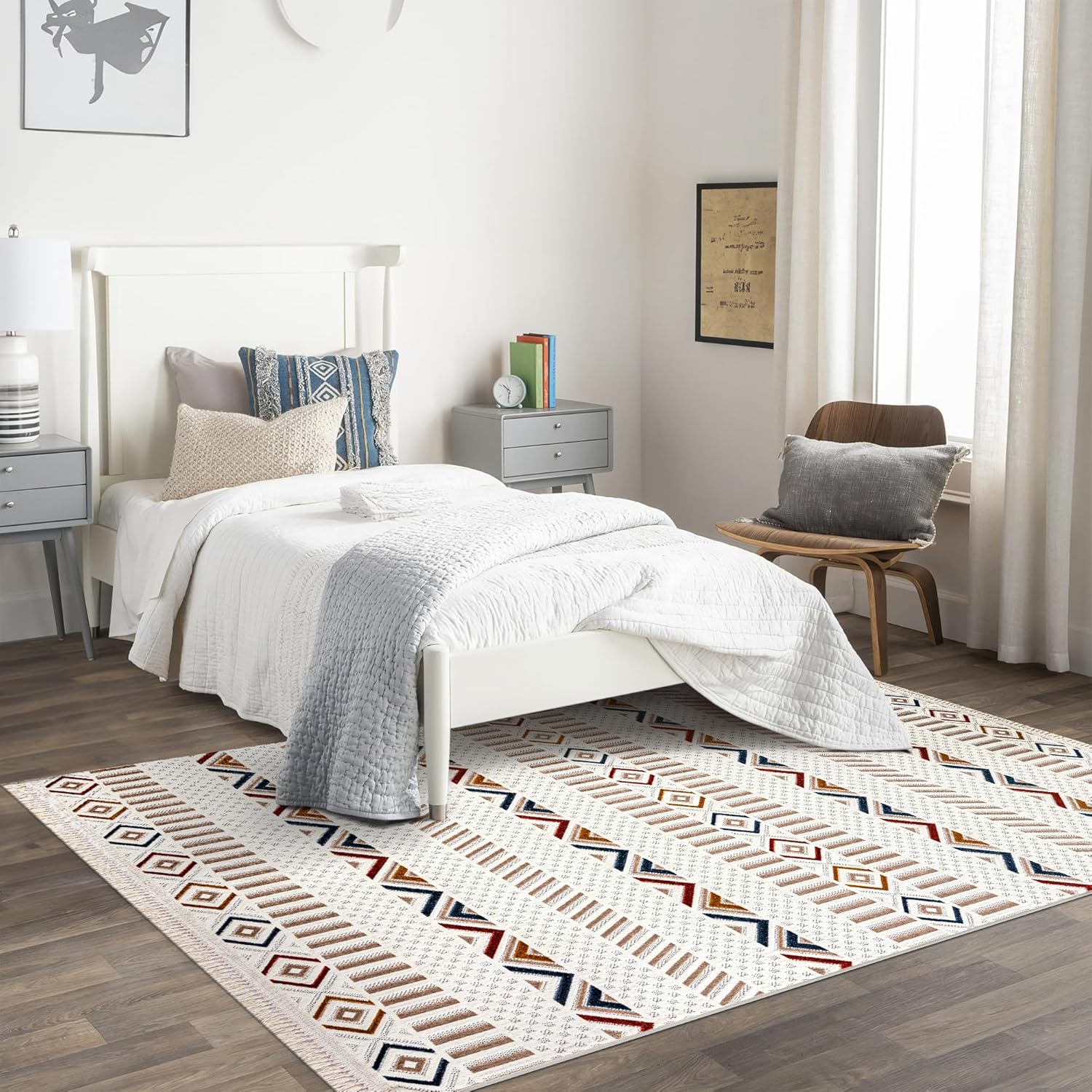 Beige low pile bohemian style rug by Netline Home, soft, durable, pet and kid-friendly, ideal for living room, bedroom, or hallway.