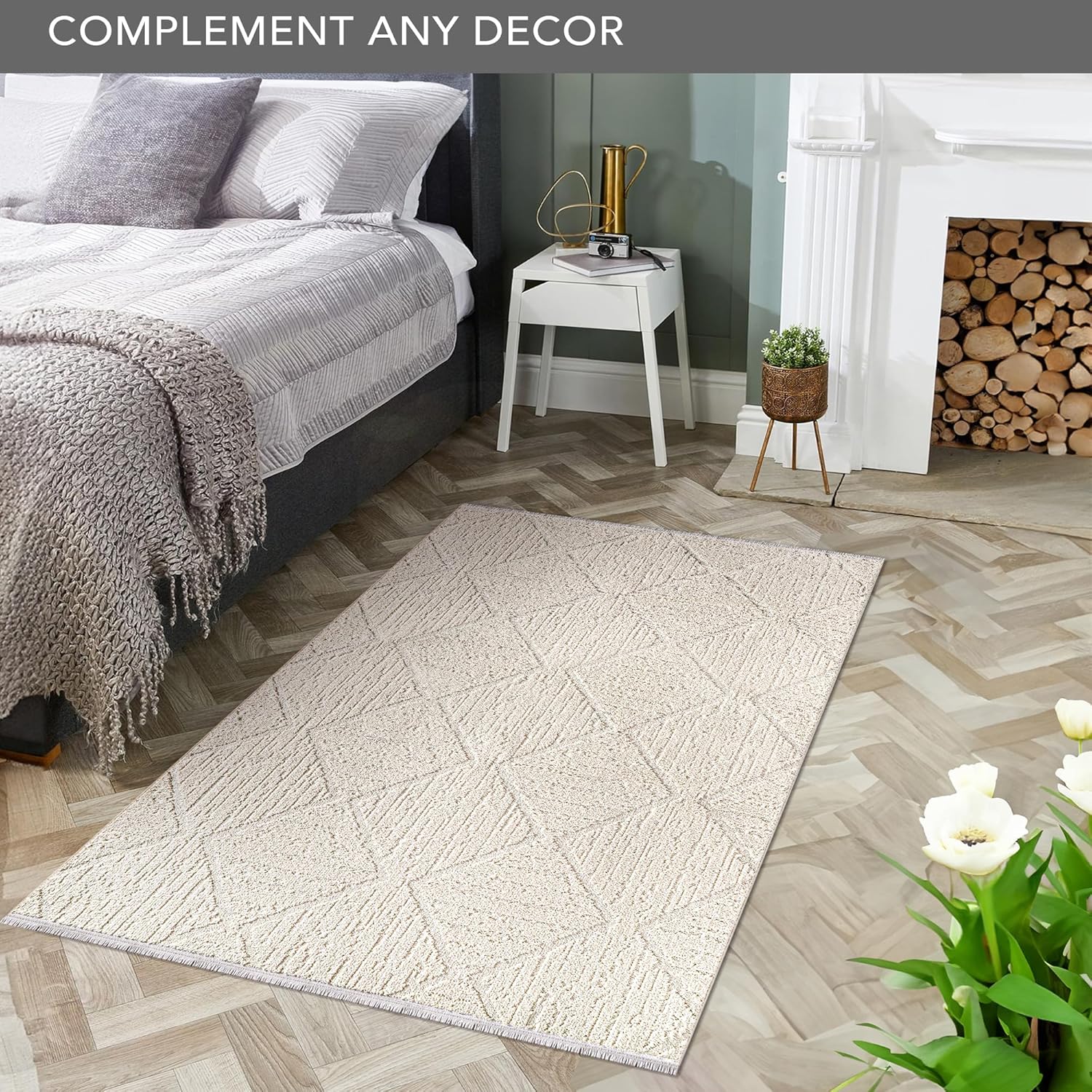Beige fluffy area rug by Netline Home, large modern carpet for living room, bedroom, or hallway with non-shedding, shed-resistant design.