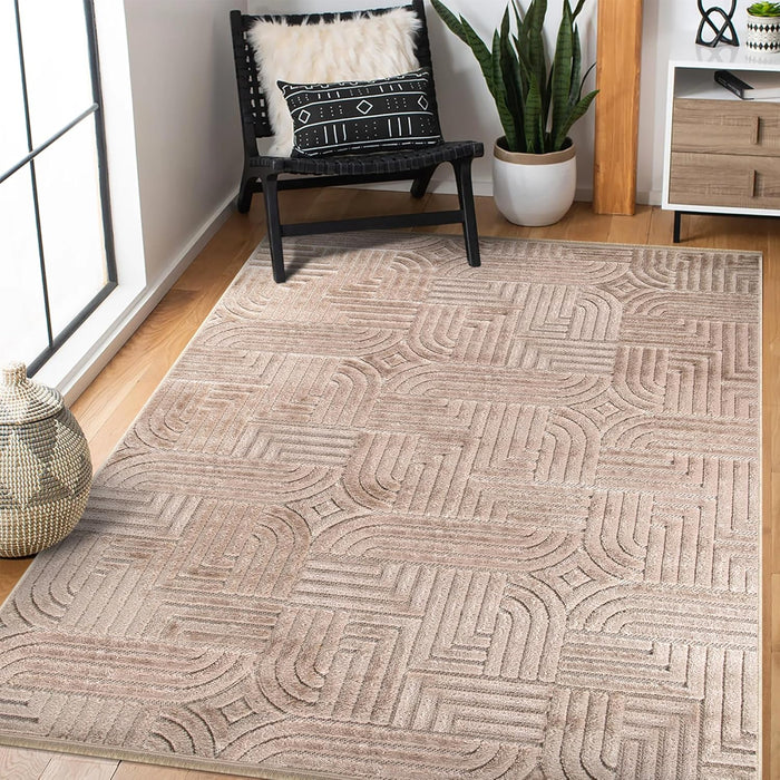 Brown Modern Polypropylene Medium Pile Rug shown in an illustrative room