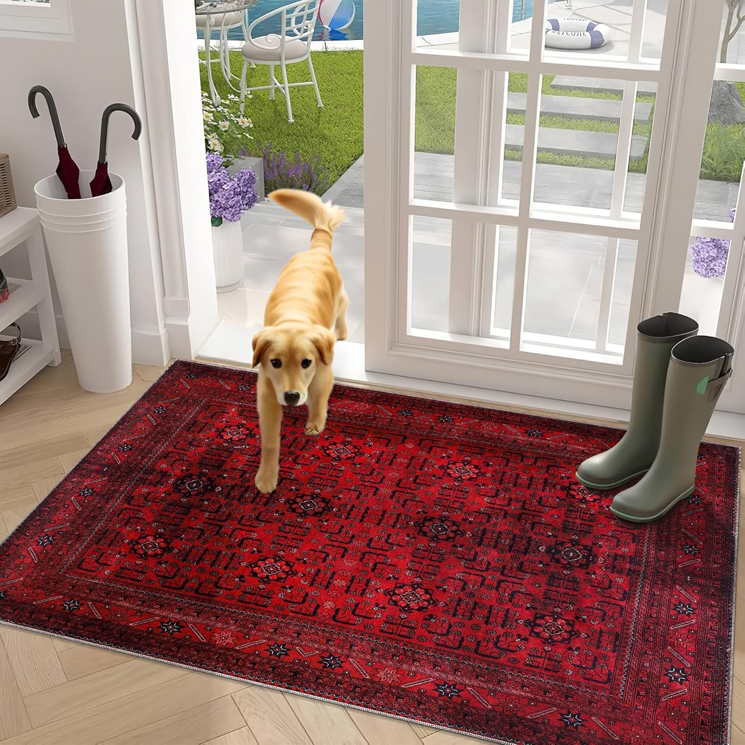 Red washable cotton area rug by Netline Home, non-slip vintage design for living room, bedroom, or kitchen, 80x150 cm.