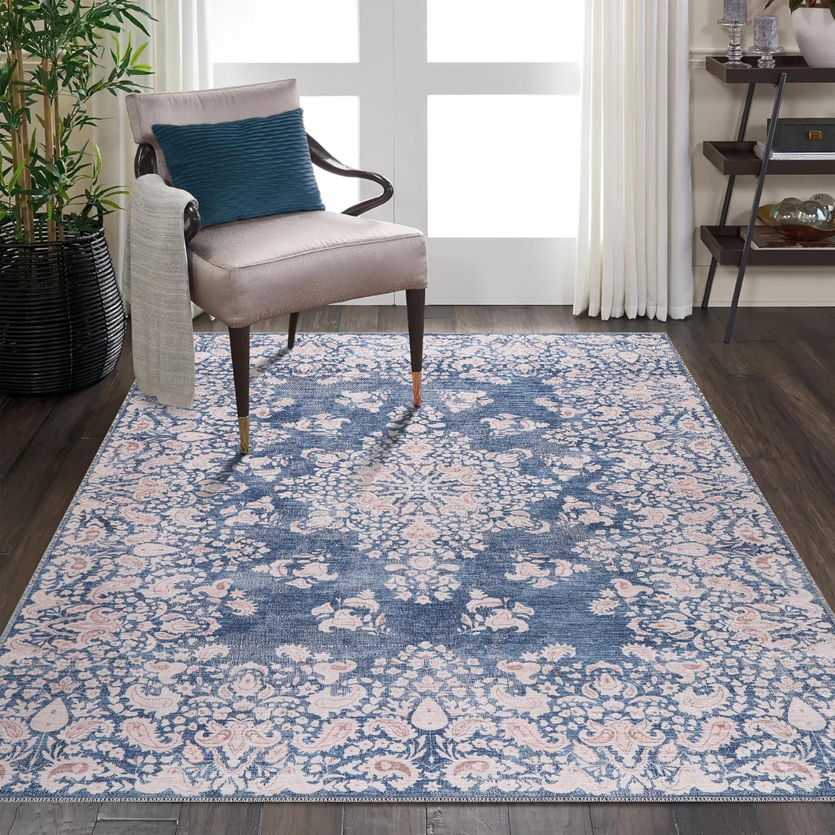 Blue machine washable runner rug by Netline Home, non-slip low pile vintage carpet for living room, bedroom, or kitchen.