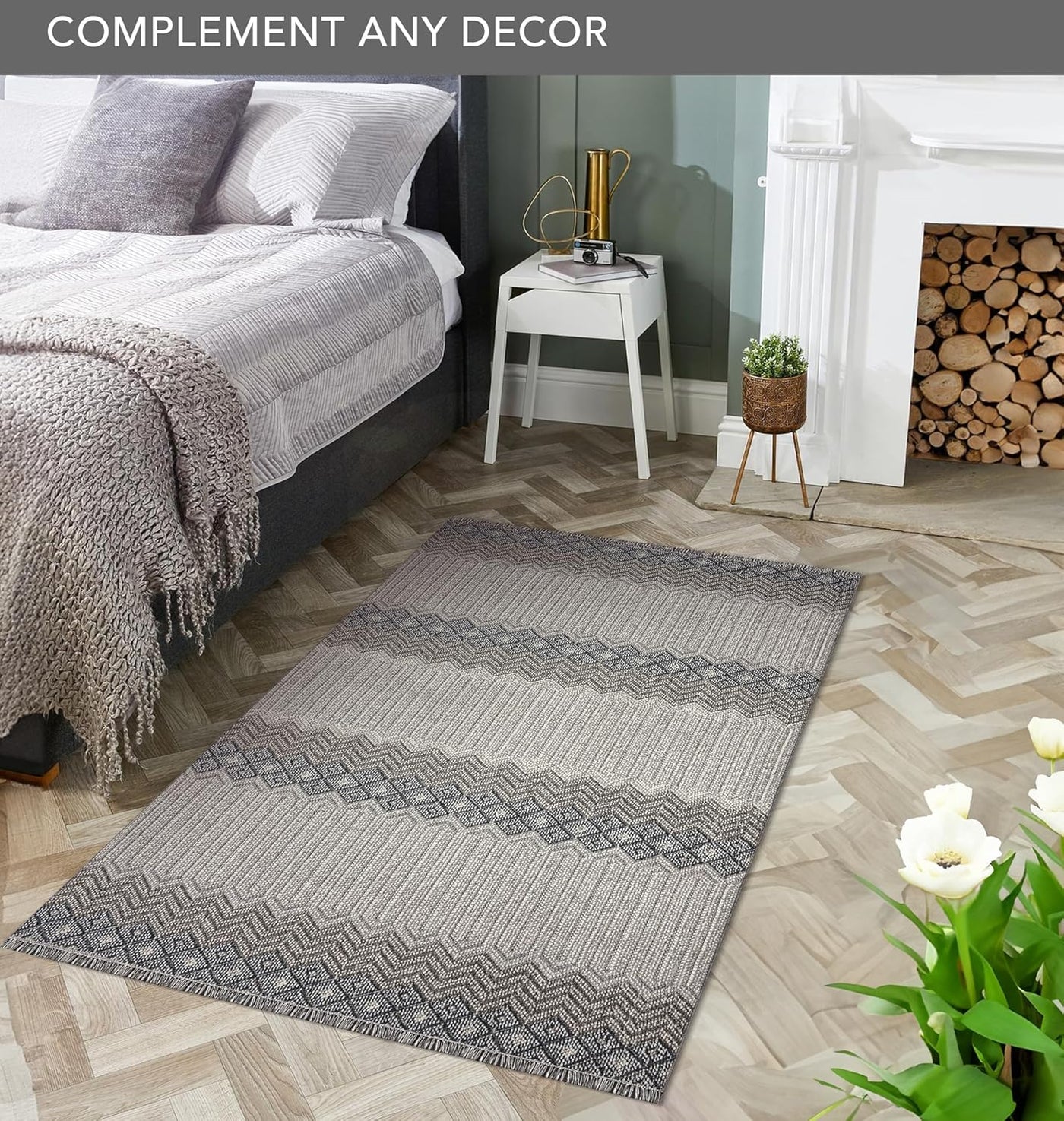 Gray and ivory modern area rug by Netline Home, 80x150 inches, stylish, durable, easy to clean, non-shedding, pet and kid friendly.