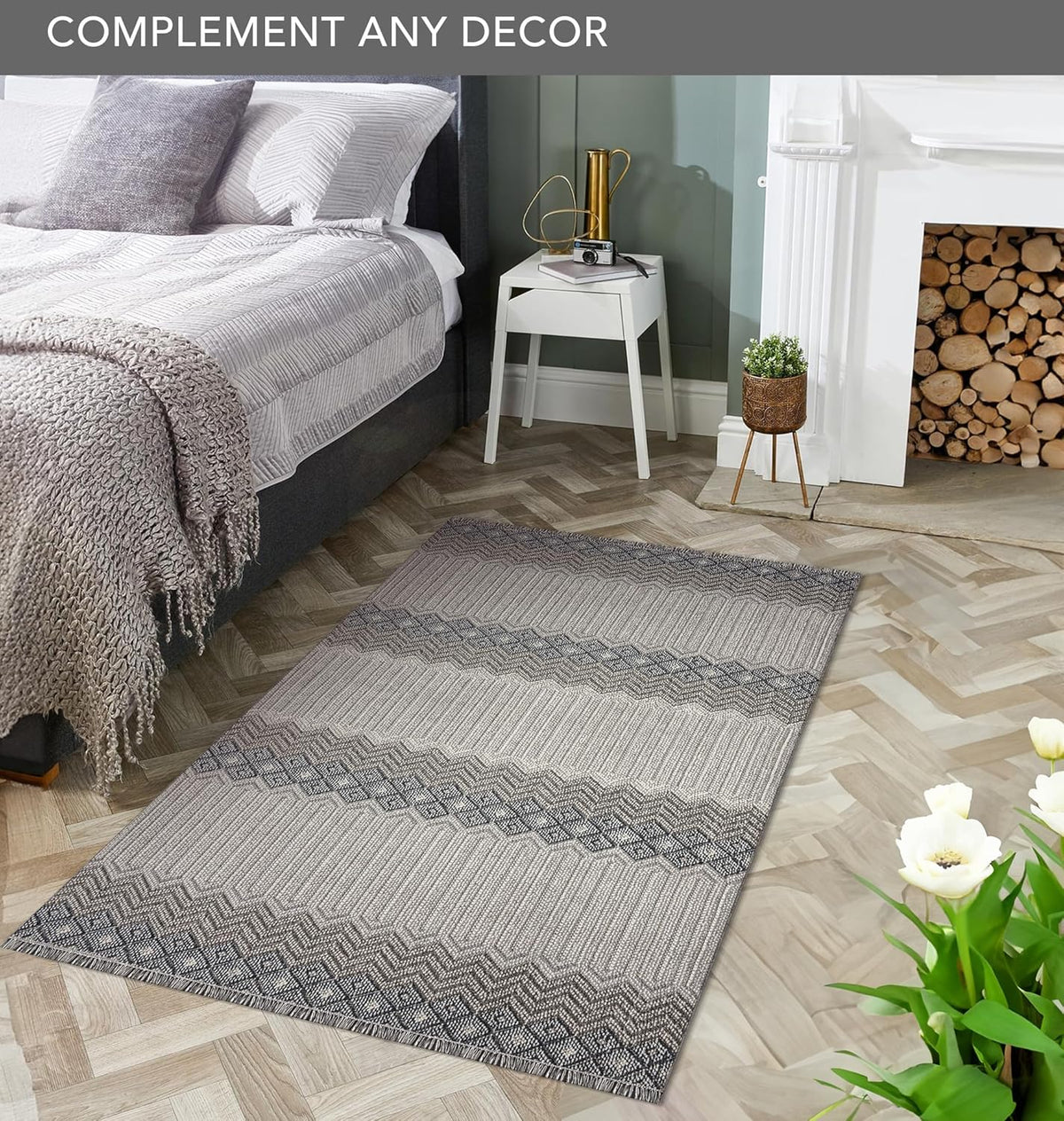 Gray and ivory modern area rug by Netline Home, 80x150 inches, stylish, durable, easy to clean, non-shedding, pet and kid friendly.