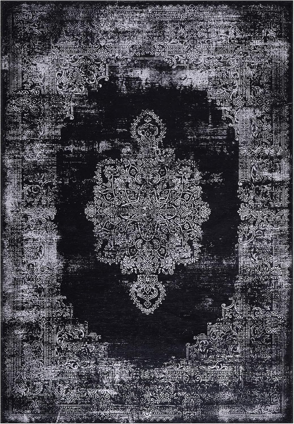 Black and gray medallion washable Kilim rug by Netline Home with intricate pattern, suitable for living spaces.