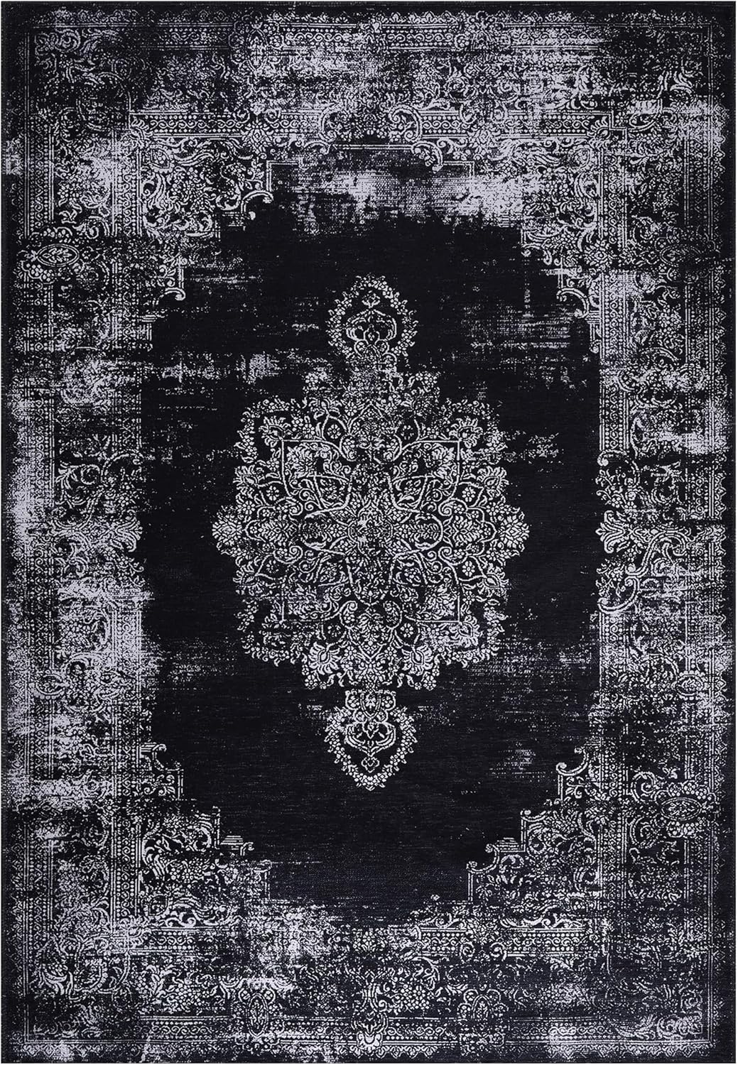 Black and gray medallion washable Kilim rug by Netline Home with intricate pattern, suitable for living spaces.