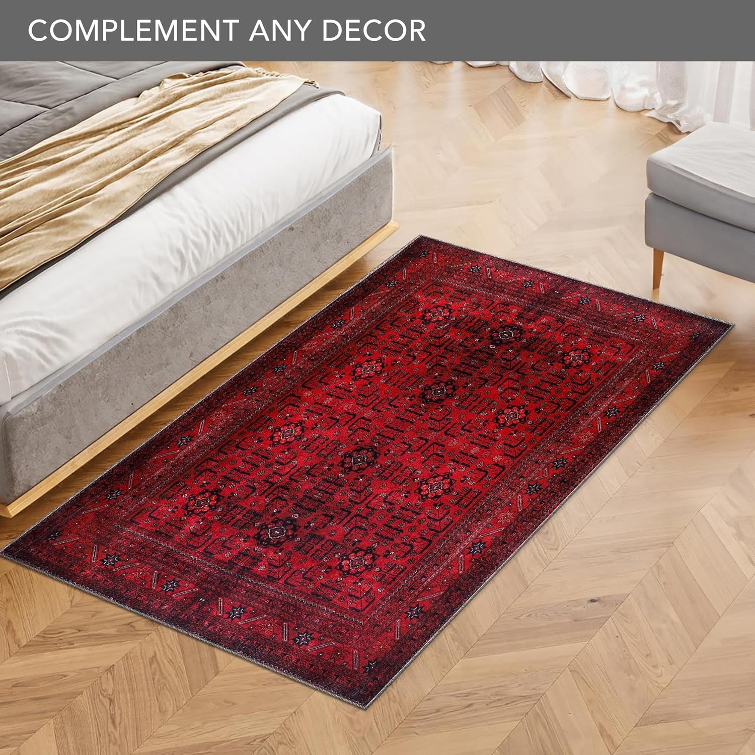 Red washable cotton area rug from Netline Home, non-slip vintage design, 80x150 cm, suitable for living room, bedroom, or kitchen.
